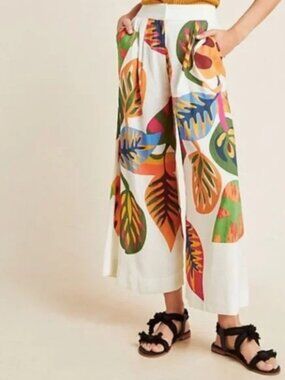 Farm by Anthropologie Floral Wide Leg Tropical Plant Pants Size L